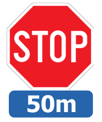 Halt und Vorfahrt, 50 Meter voraus.